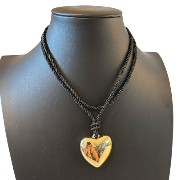 Bubble Heart Gold Tone Choker Pendant Necklace on Sleek Black Cord. - Picture 2 of 5